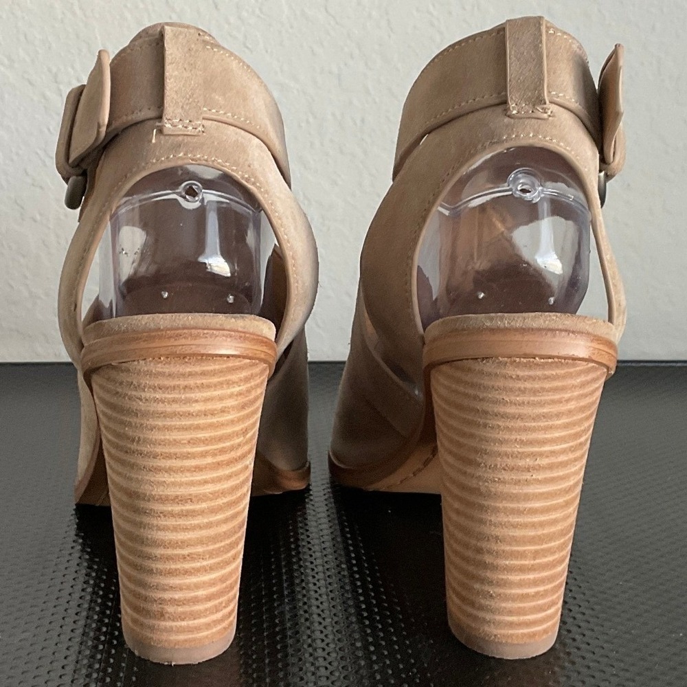 Marc Fisher LTD Tim Beige Tan Suede Open Toe Buckle Block Heel Booties 7.5M - Picture 6 of 12